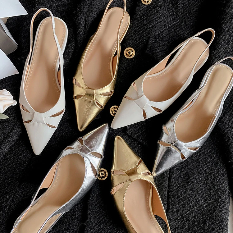 【阿妍】真皮法式尖头低跟镂空浅口单鞋女春夏新款平底包头后空凉鞋