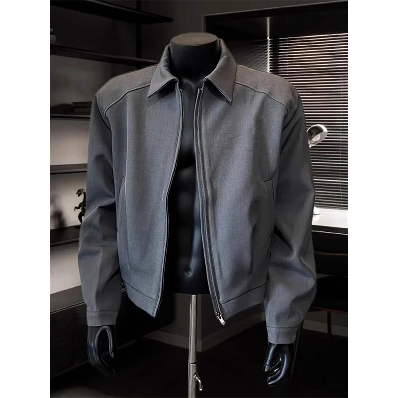 美式灰色西装夹克男款春秋季cleanfit翻领外套潮牌boxy短款棒球服