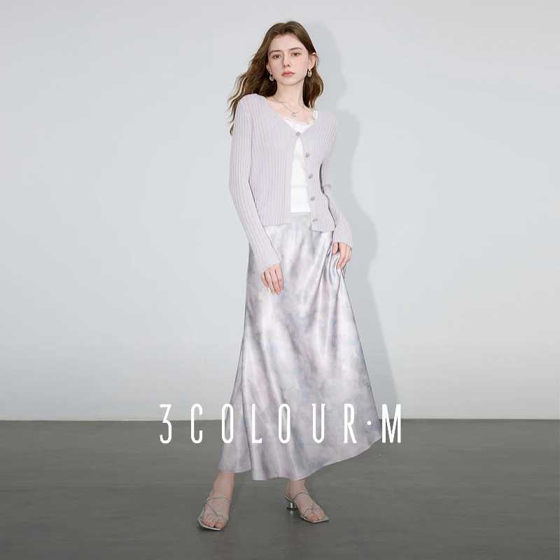 三彩2025夏季新款缎面印花半身裙松紧腰鱼尾A字裙长裙M