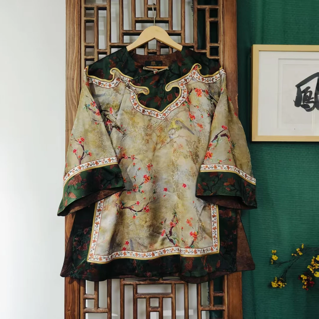 （LS572-6）凤徕兮私人定制淡黄色喜上眉梢拼绿如意斜襟盘扣太太服