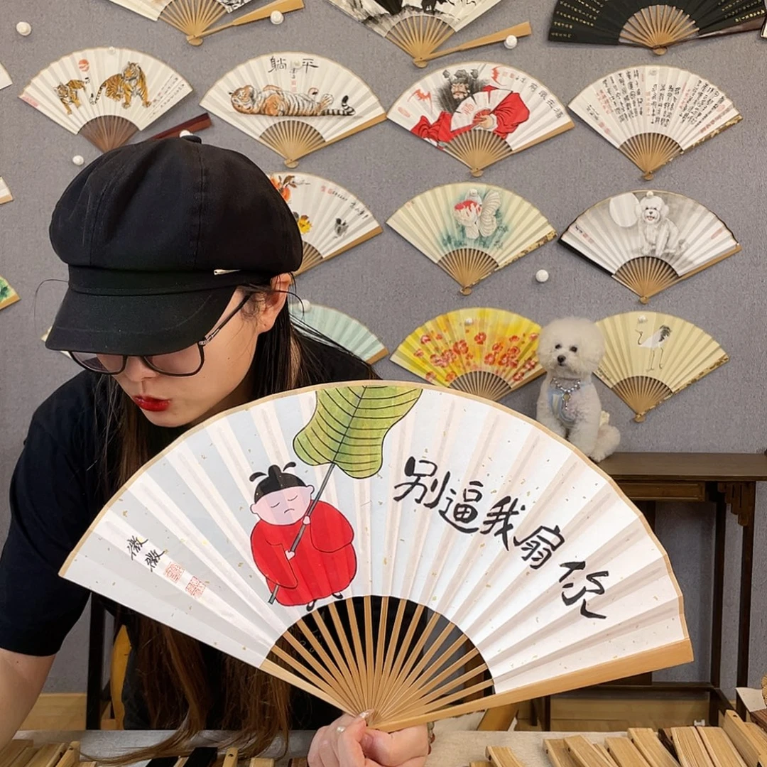 国画8寸玉竹-纯手绘-文玩扇骨（默认粘好）