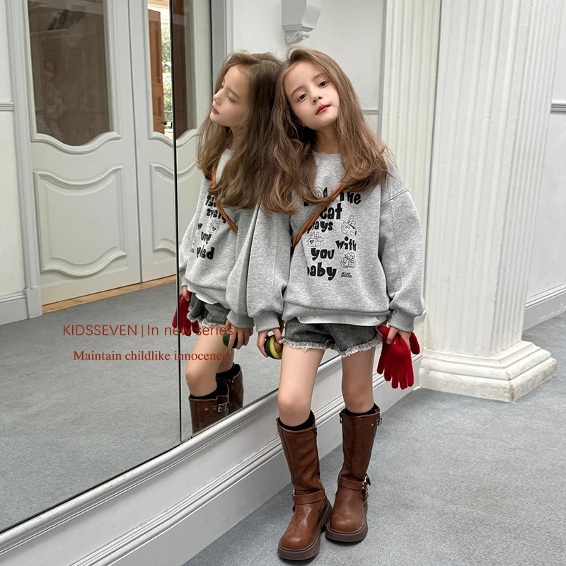 SKA2596女童韩版洋气圆领卫衣春装新款儿童可爱字母休闲套头上衣