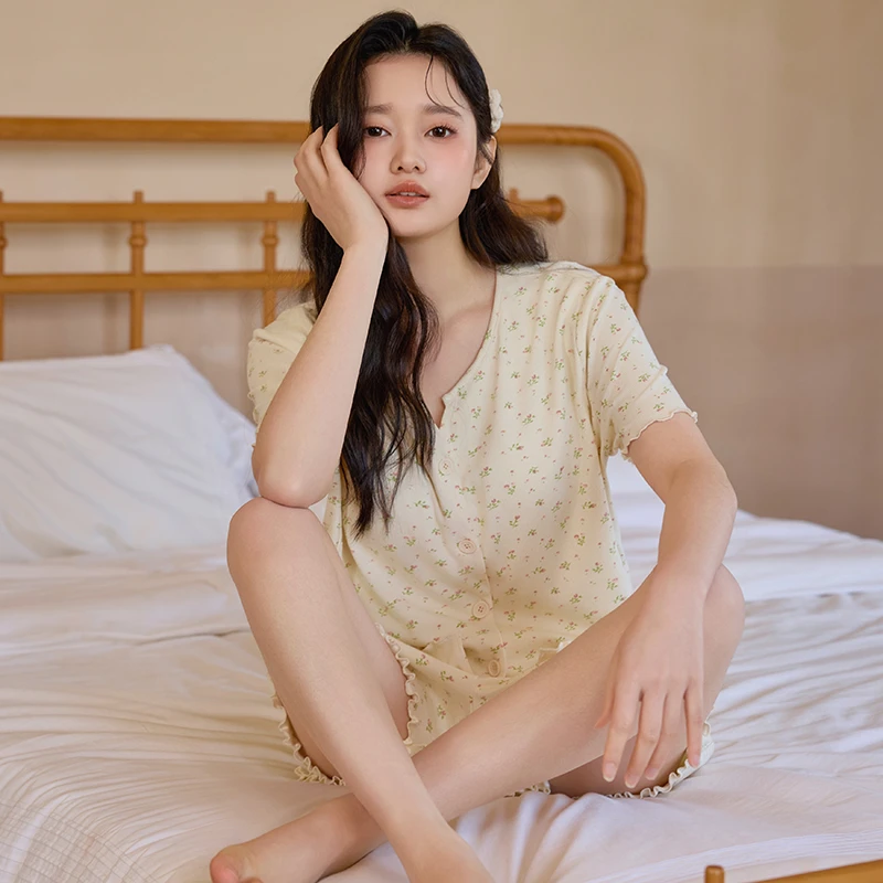 珈莹艾带胸垫短袖哺乳睡衣夏薄产后莫代尔短裤喂奶孕妇家居服6353