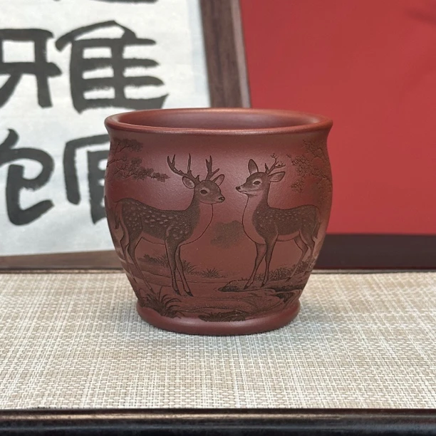 【汇雅馆】宜兴原矿紫砂龙血砂刻绘主人杯鹿鹿通大容量高档茶具泡茶