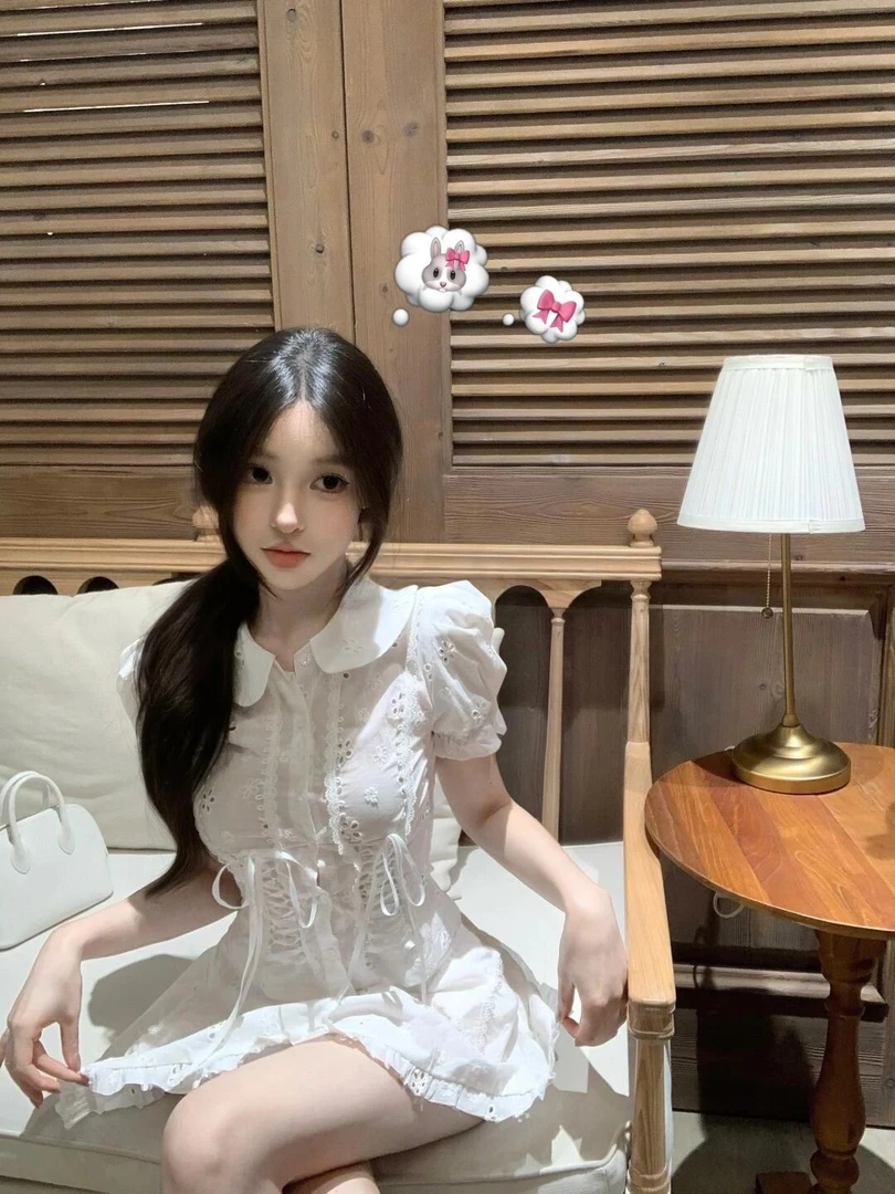 法式甜美镂空刺绣娃娃领系带衬衫短袖上衣高腰显瘦A字短裙两件套