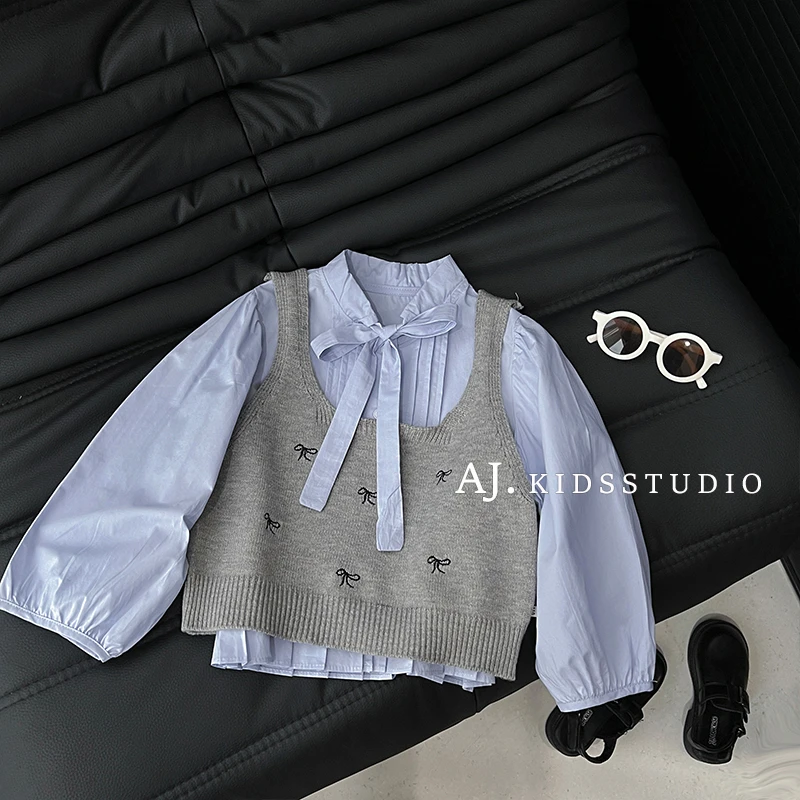 阿卷2025秋装儿童韩版时尚洋气学院风衬衫背心套装ZH0623