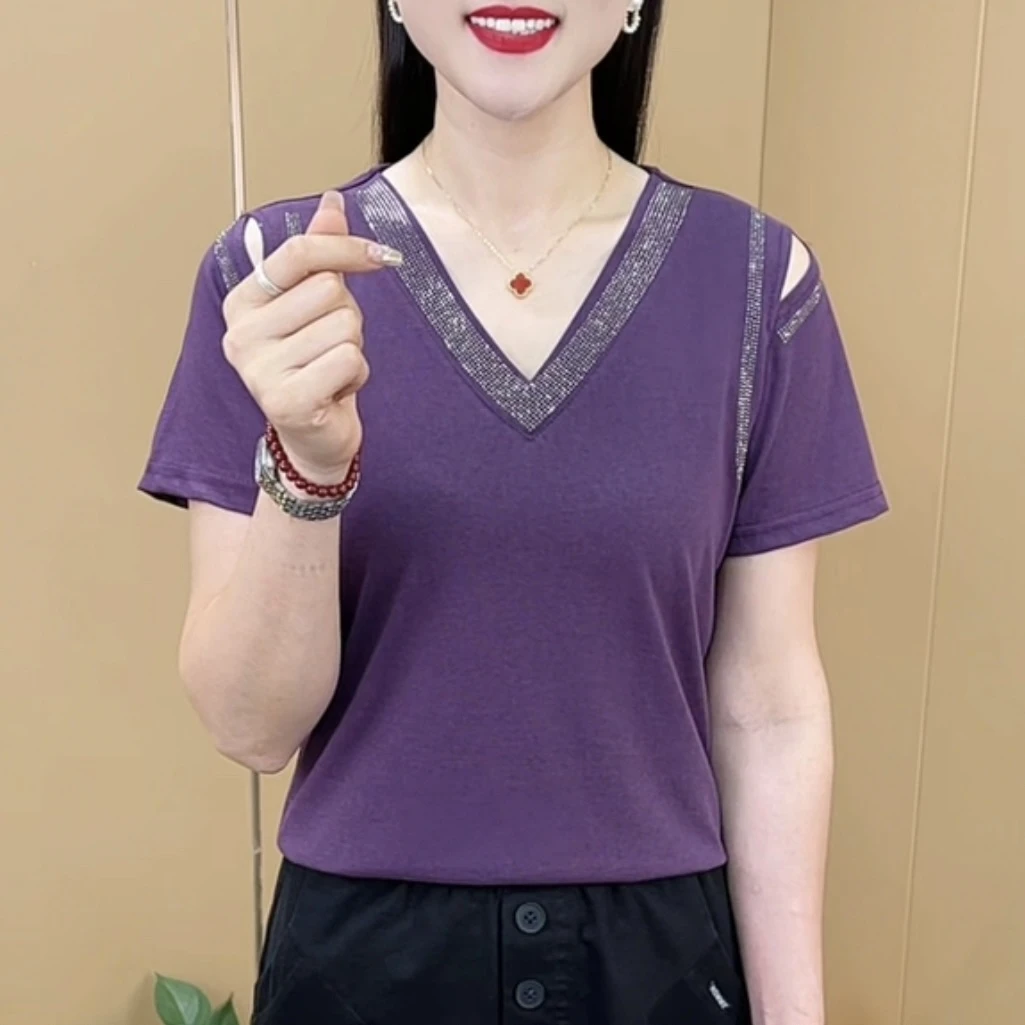 夏季新款时尚气质女士V领烫钻镂空露肩T恤简约短袖百搭上衣M1093