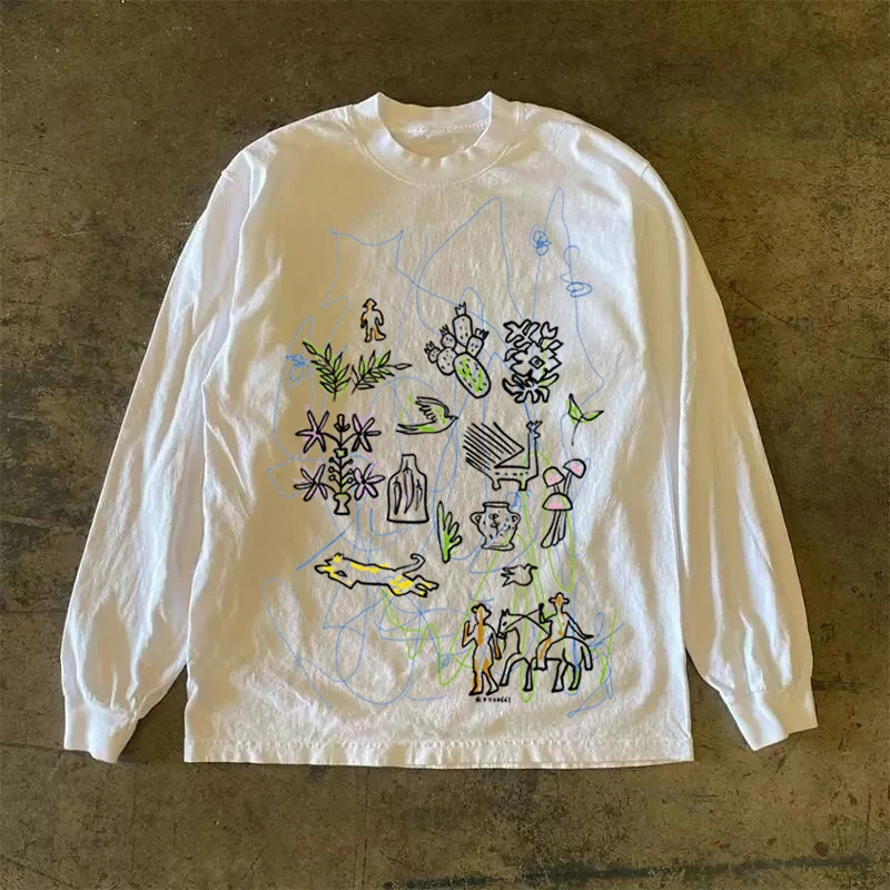 300克重磅！2025新款高街趣味涂鸦长袖t恤宽松男女休闲百搭上衣ins