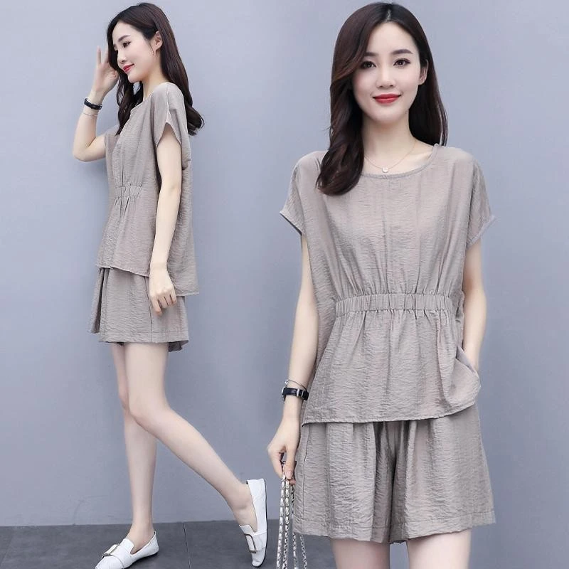 时尚冰丝亚麻棉套装女夏季穿搭整套妈妈亚麻短袖阔腿裤减龄两件套