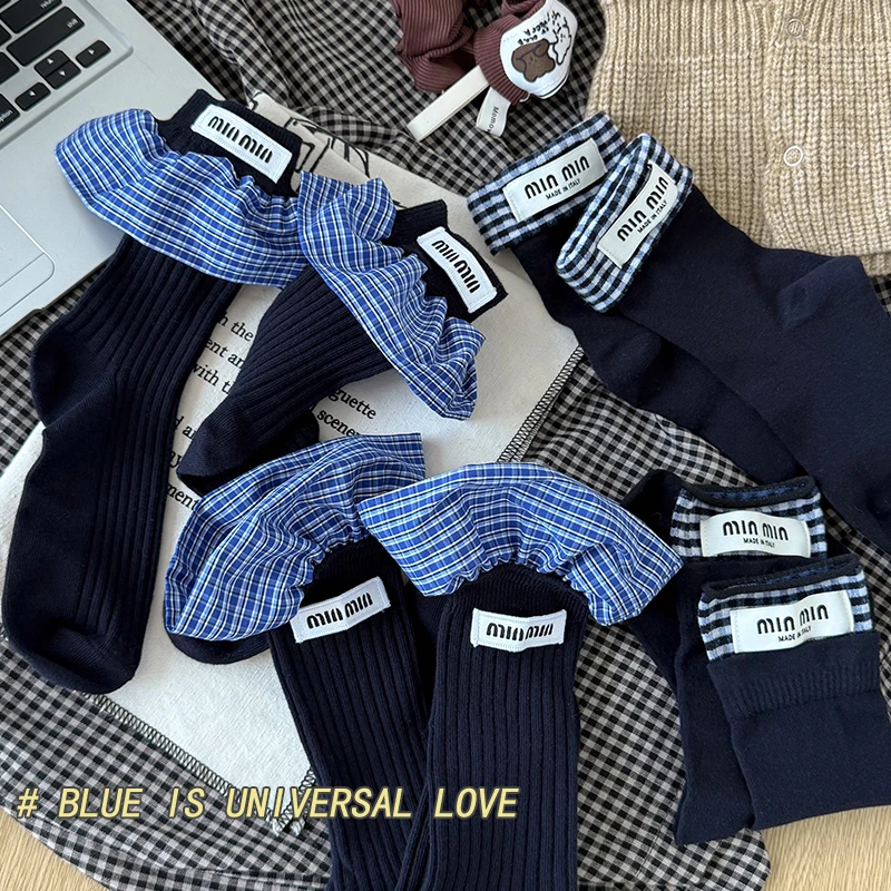 miu系复古花边双罗口棉袜女中筒袜韩系格纹拼接布标长袜慵懒百搭