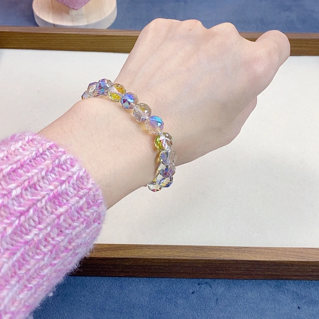 非金属仿水晶手链 988五彩斑斓卡10MM百搭水晶手串手链女神节礼物