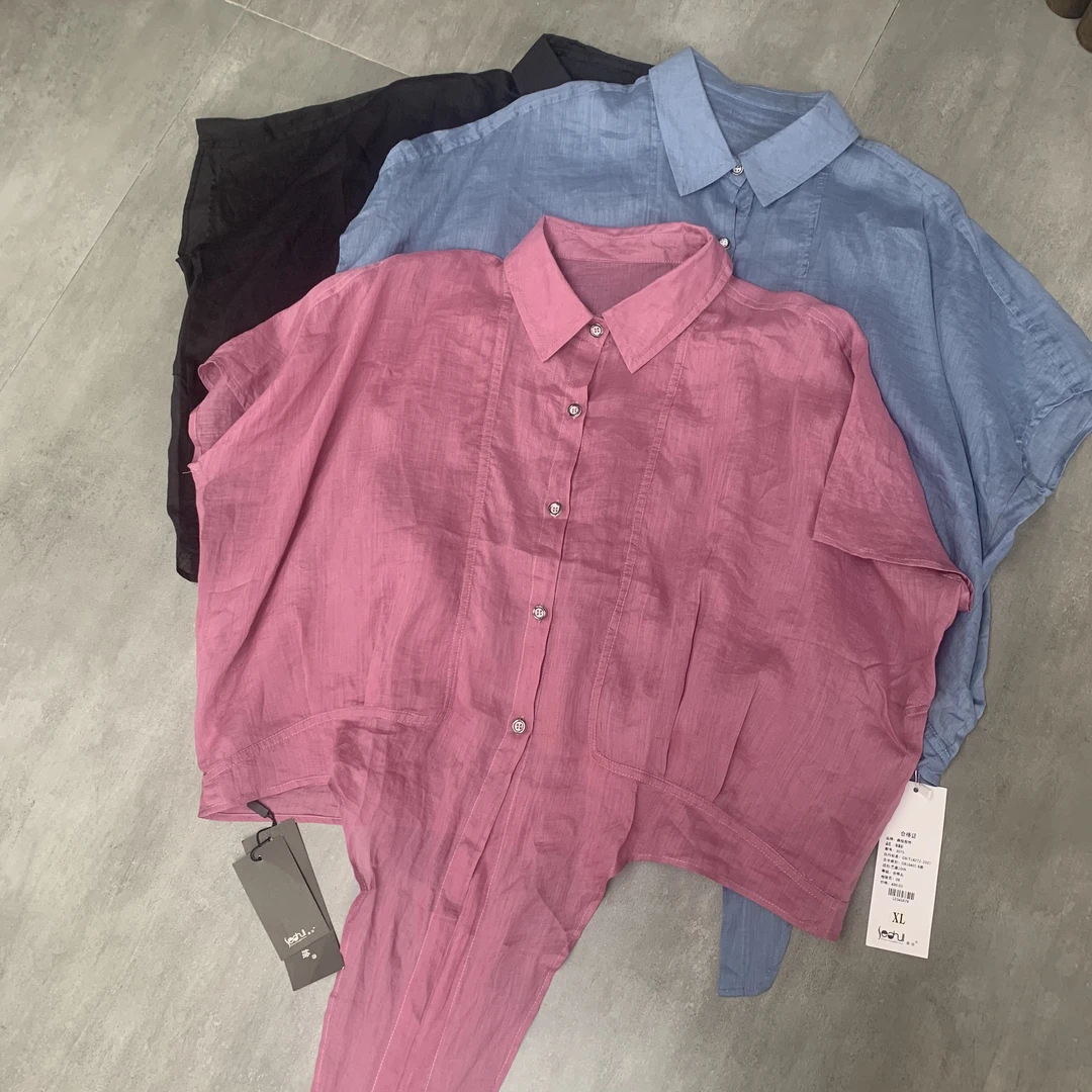 3075#短袖单排多扣夏季苎麻衬衫衬衣女装纯色翻领上衣