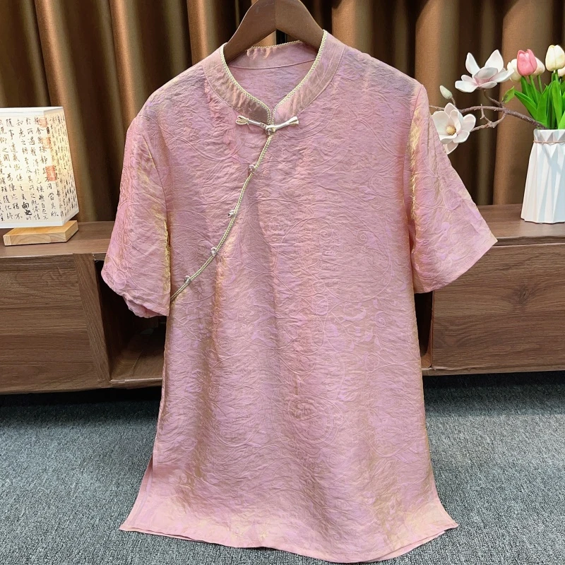 『亦卉』新中式国风粉色斜襟短袖2025新款高级感显气质刻花粉色上