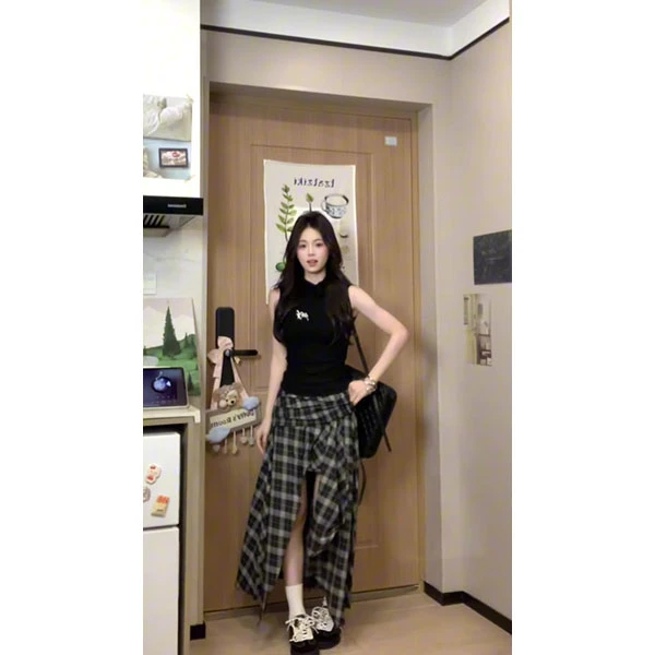 设计感格纹半身裙针织背心上衣套装女夏设计感小众巨好看的两件套