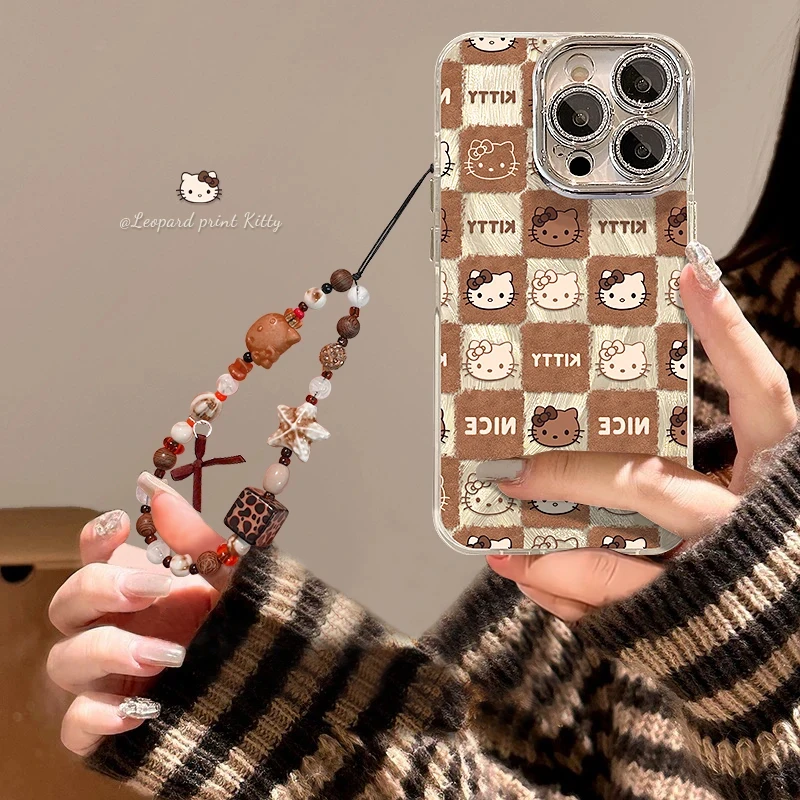 格子kt猫适用苹果15华为vivo/oppo小米iPhone16精孔羽纱纹手机壳