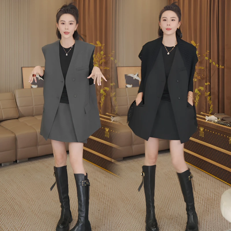 小众不撞款气质套装春秋2025新款时尚气质西装马甲半身裙披肩套装