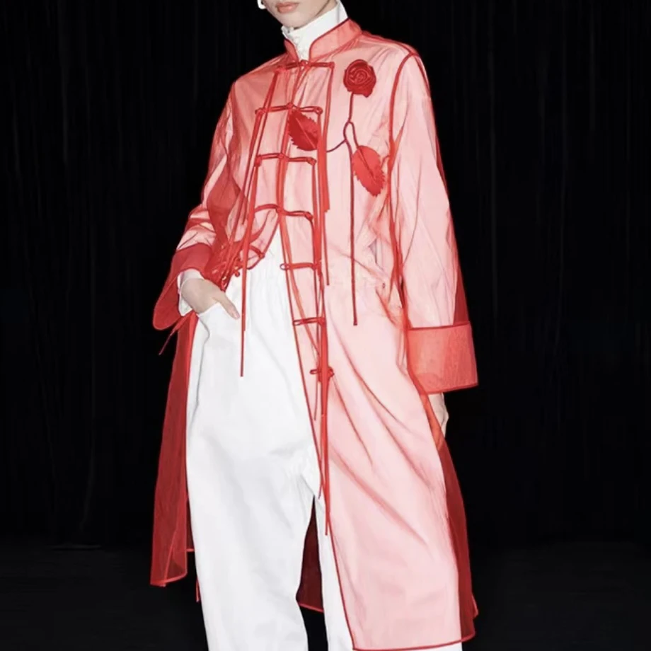 Messential L341红色长款薄纱衬衫