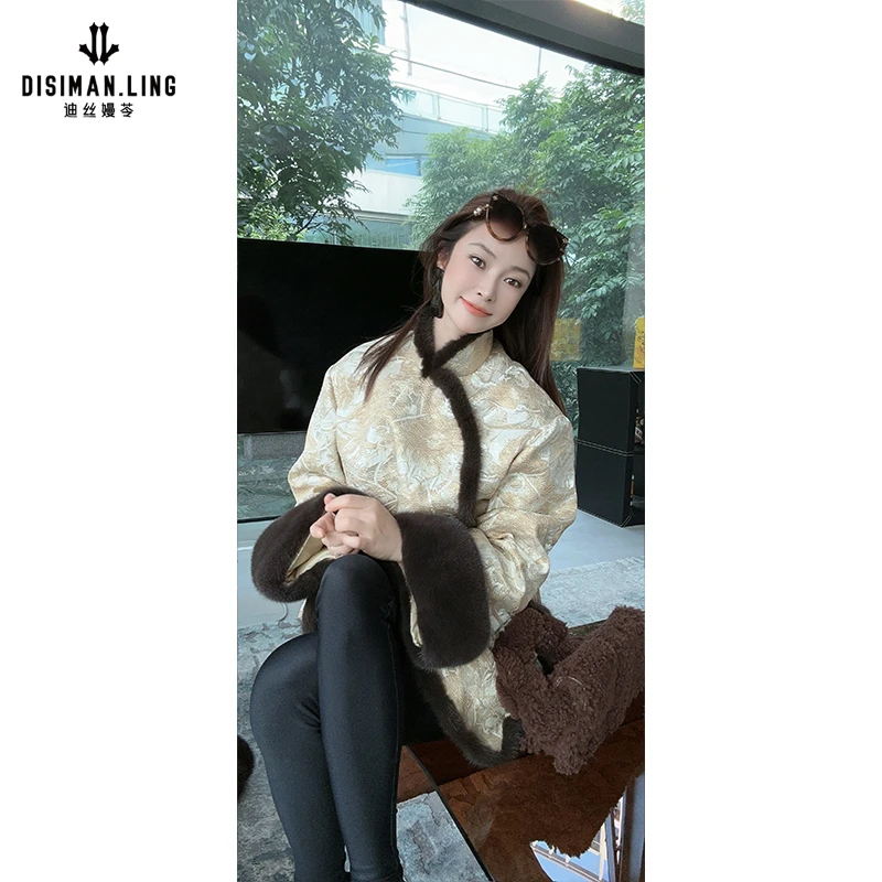 迪丝嫚苓金色中式连衣裙显瘦气质提花气质时尚百搭女士小众设计感