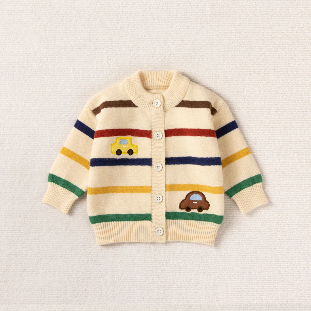 条纹撞色韩版小童毛衣上衣童装套头圆领男汽车绣花针织衫儿童开衫