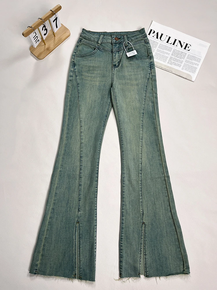 8115#高腰微喇牛仔裤女韩版开叉马蹄裤修身显瘦喇叭裤子