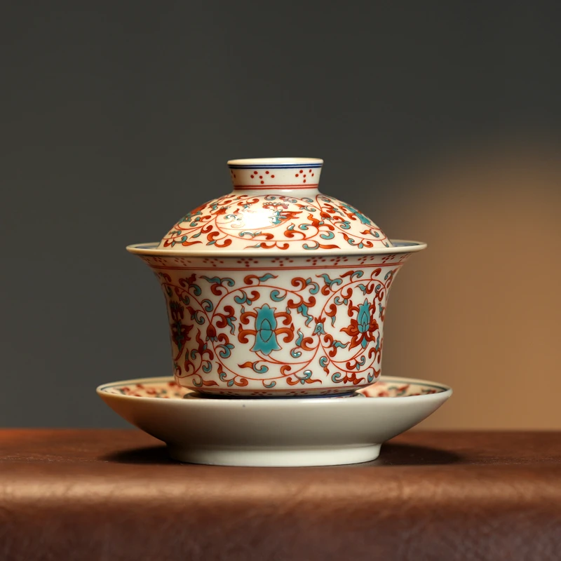 中式苏打烧缠枝莲马蹄三才盖碗可悬停泡茶盖碗160ml c0404