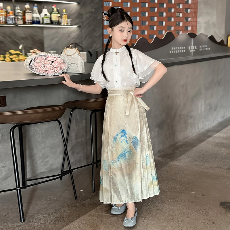女童夏季马面裙套装2024新款大童汉服裙子儿童防晒衣女孩6-12岁