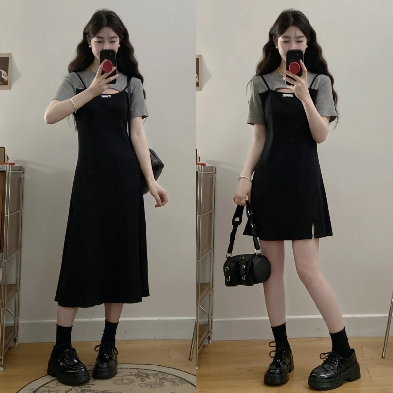 大码女装夏季新款撞色减龄假两件收腰显瘦短袖连衣裙长短款小黑裙