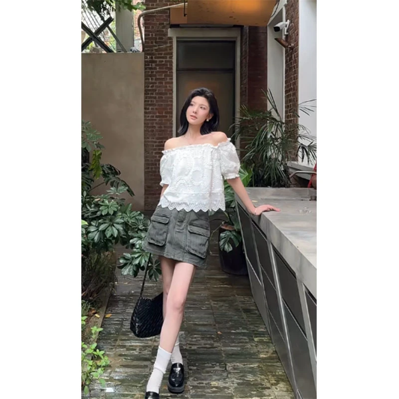 2025夏季时尚修身显瘦小众设计感花纹露肩上衣休闲收腰时尚半身裙