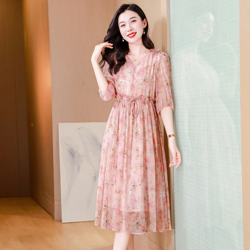 2025气质时尚清新温柔风领五分袖设计小众印花清凉连衣裙