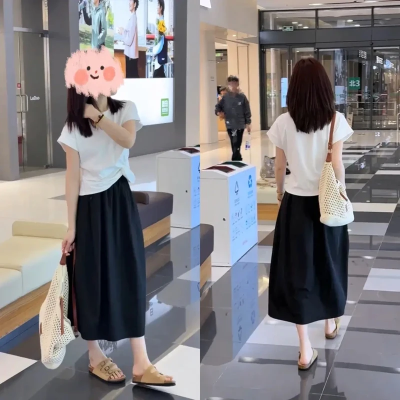 2025夏季新款设计感扭结T恤巨遮肉圆领短袖松紧腰半身裙两件套