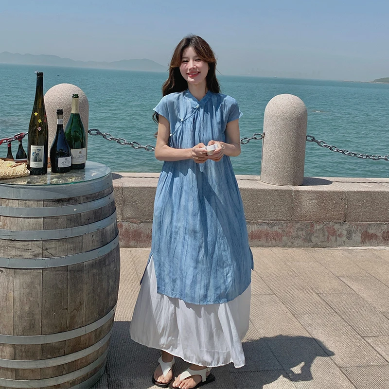 蓝色国风新中式旗袍连衣裙女夏季新款小众设计高级感超好看长裙子