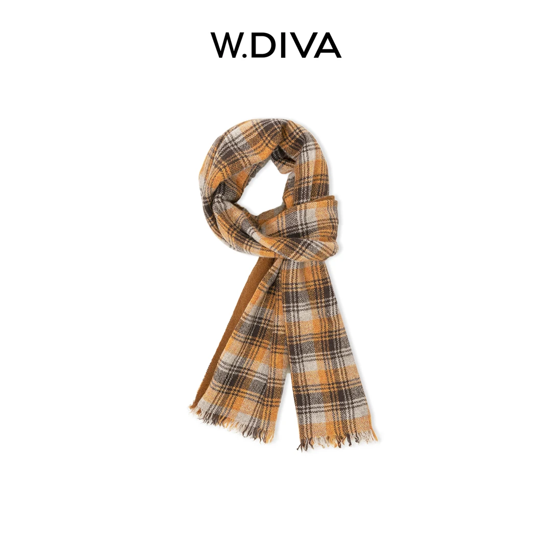 W.Diva【暖秋叙事诗】黄咖格纹双层羊绒围巾经典慵懒风女54J263001