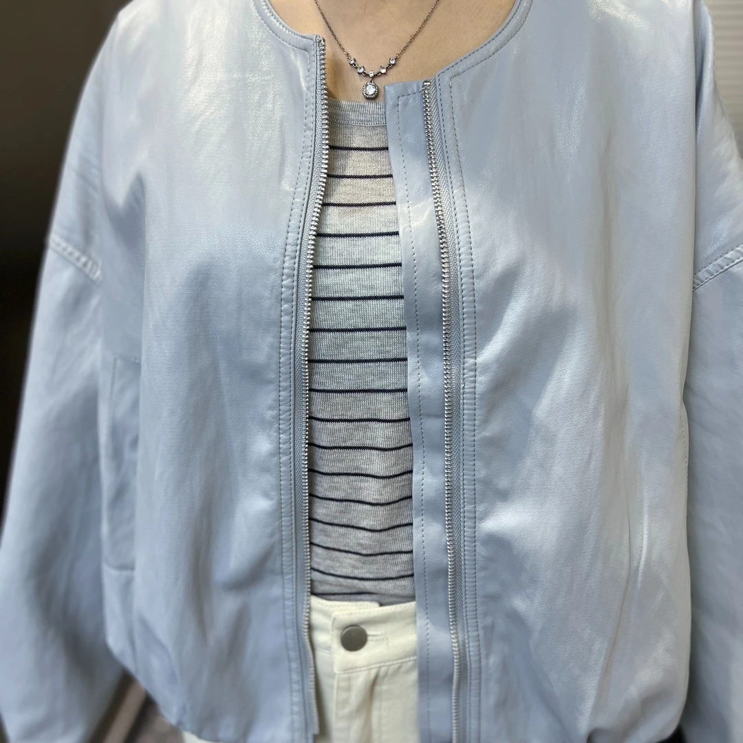 短款拉链皮衣女春季宽松插肩袖皮衣外套