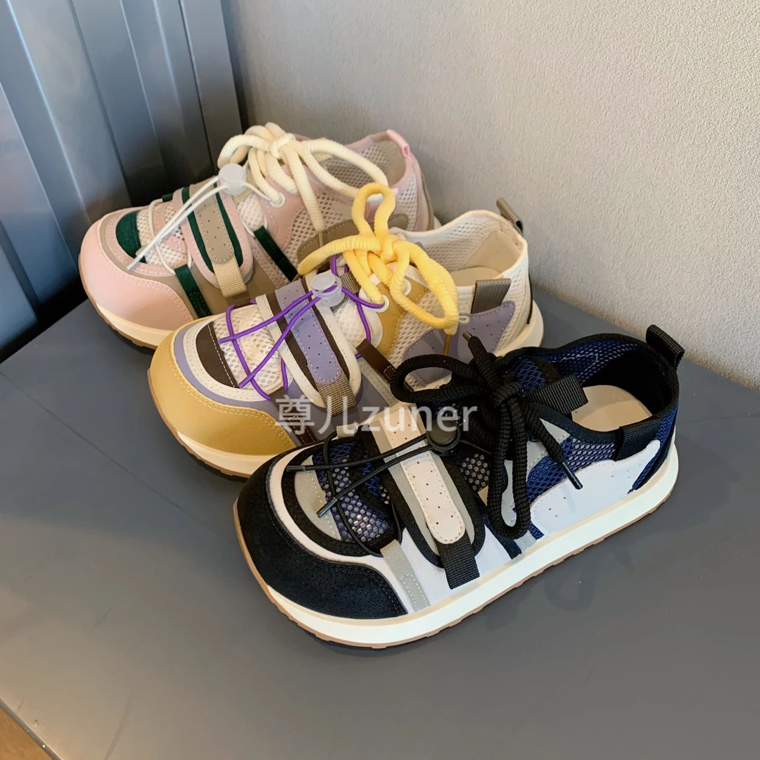 尊儿2025夏季丑萌大头复古德训鞋厚底网面透气休闲鞋小众韩版ins