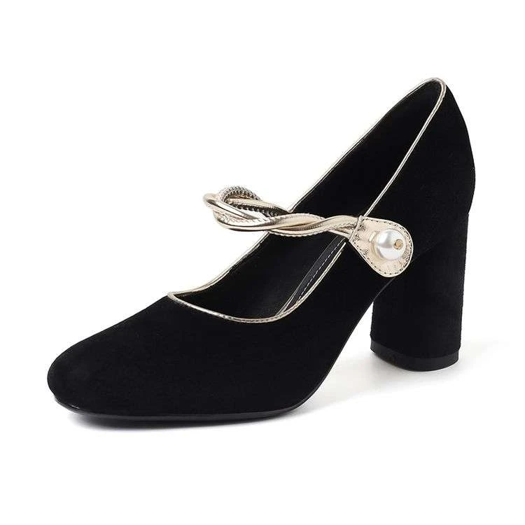 春秋圆头粗跟高跟浅口单鞋女磨砂真皮女鞋复古法式职业公主鞋SLLM