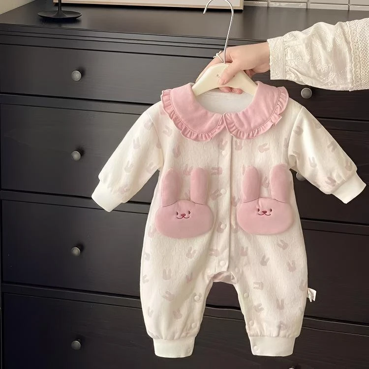 秋季婴儿衣服双层甜美可爱哈衣爬服宝宝连体衣秋装超萌包屁衣朱