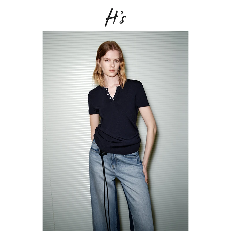 HS曲珠纱针织衫女25夏新款设计感拼色亨利V领弹力薄毛衣短袖上衣