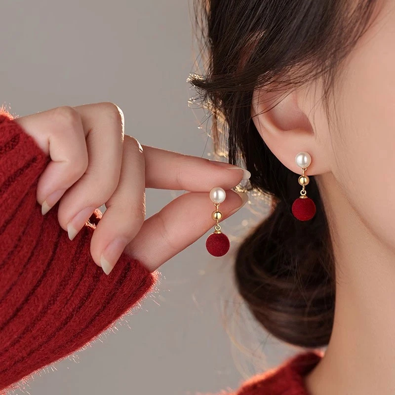 925银仿珍珠耳饰 红色新年款耳钉本命年女款2025耳环过年秋冬高级