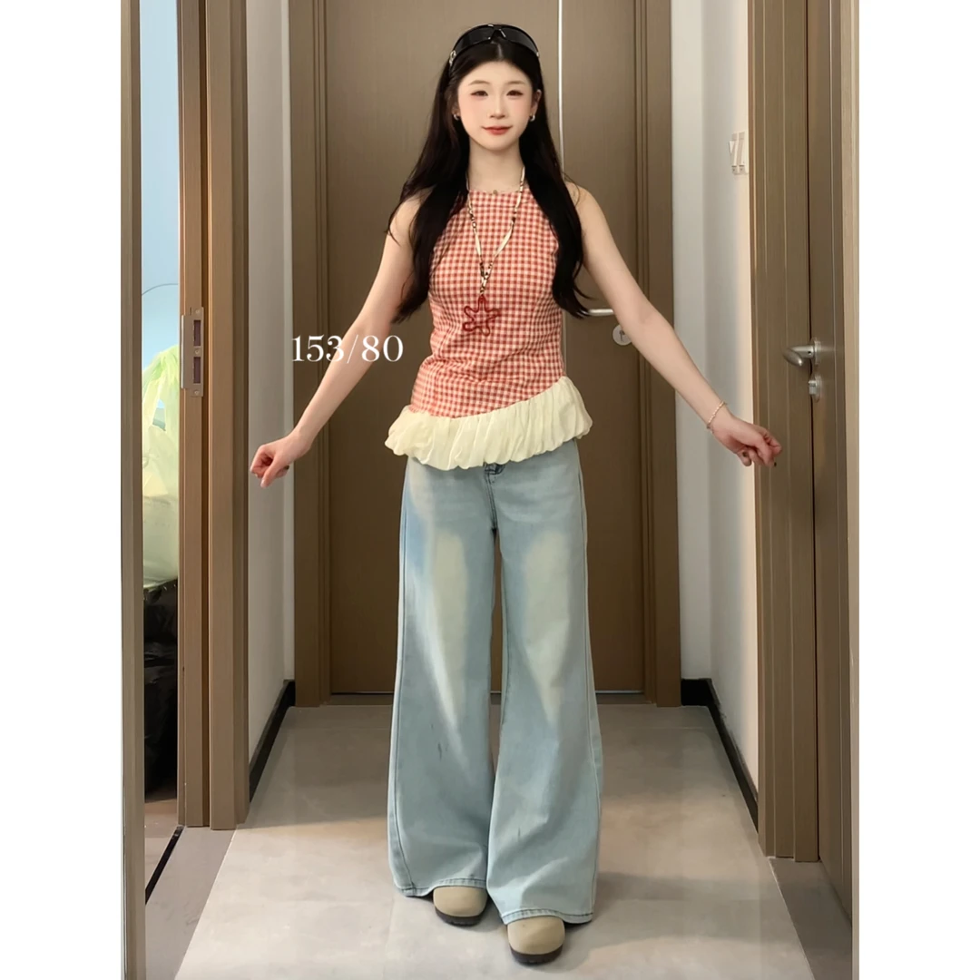浅蓝色刺绣高腰微喇牛仔裤女春季宽松显瘦阔腿牛仔裤宽松阔腿裤