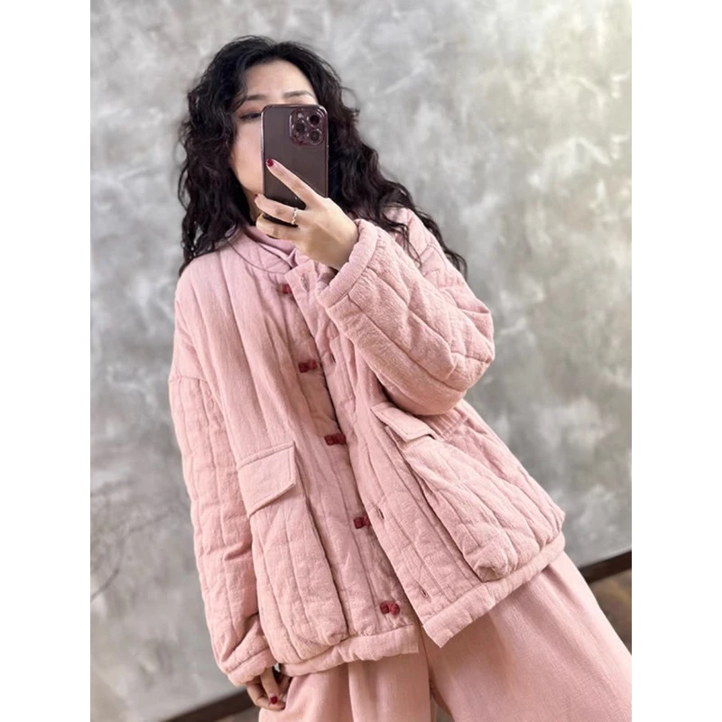 哥弟阿玛施正品棉麻复古中式棉麻棉粉小棉袄女式冬季棉纱加厚带扣