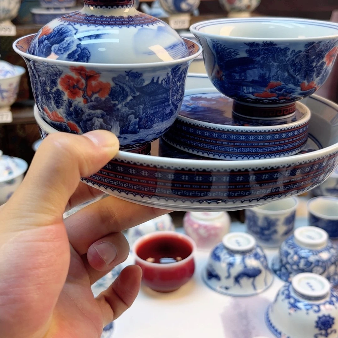 蜡**新青花釉里红江南胜景4件套