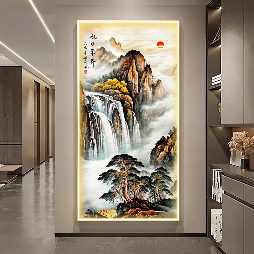 新中式轻奢晶瓷镶钻走廊过道山水水墨竖版挂画入户玄关装饰画墙画