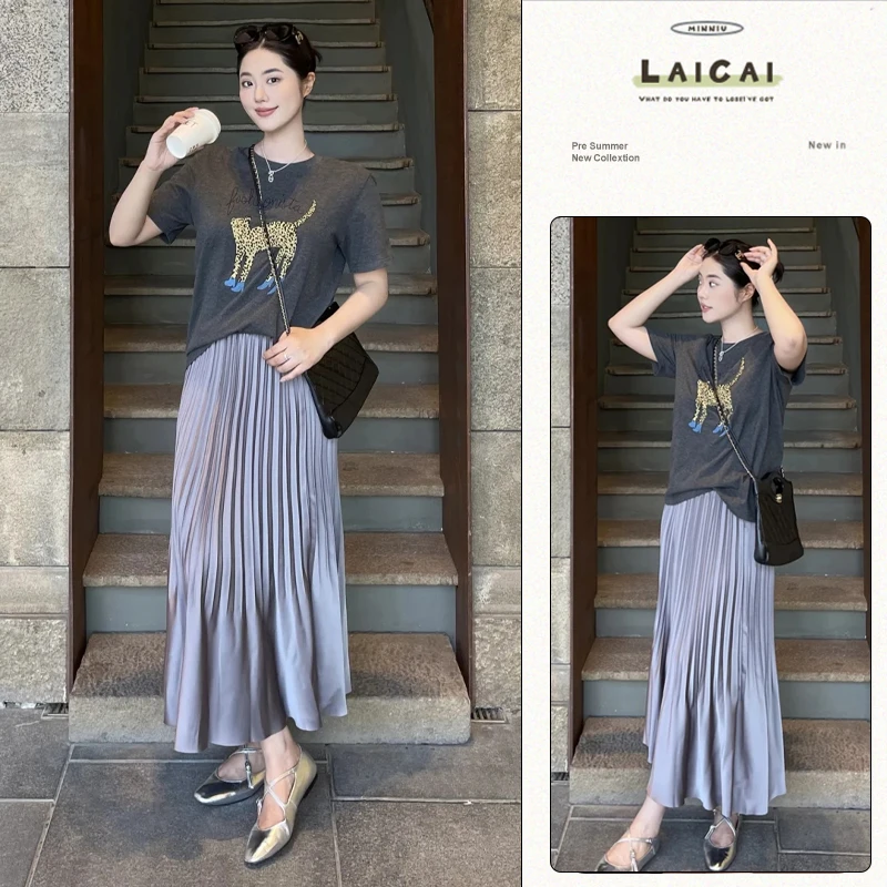 B514+B515印花T恤宽松百搭休闲高腰压褶垂感缎面半身裙两件套潮
