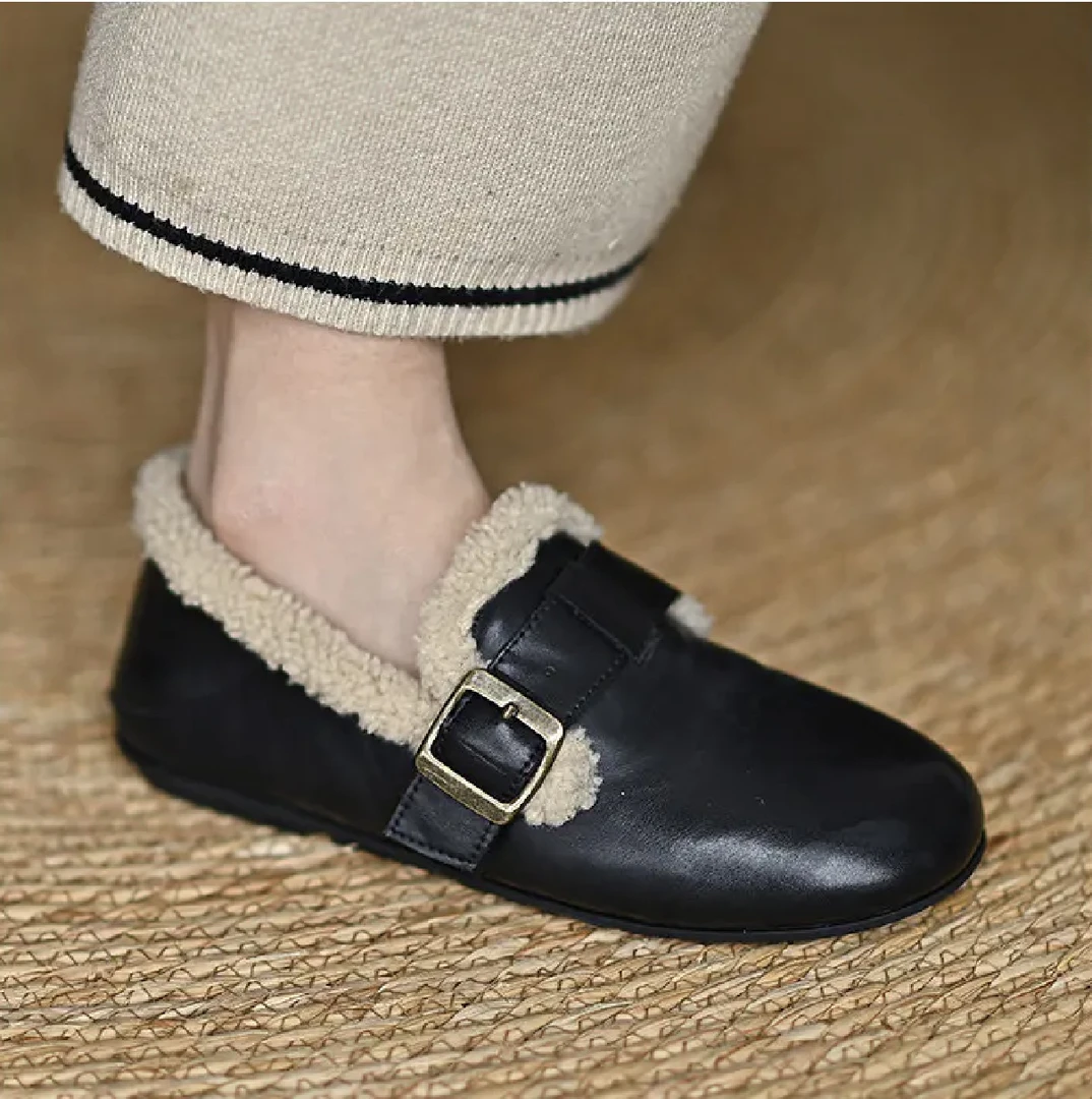 牛皮加绒勃肯鞋女冬季圆头牛筋底一脚蹬真软皮毛毛懒人保暖鞋2062