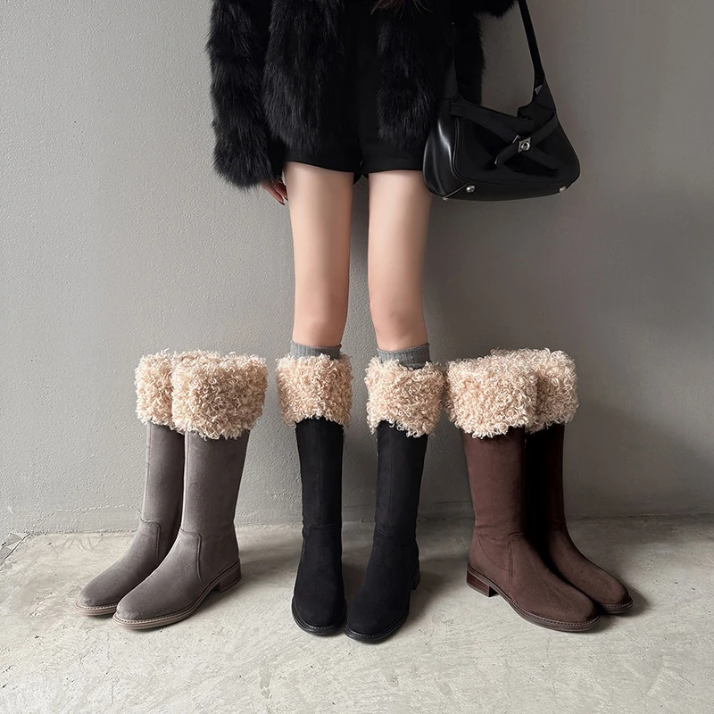 2025年冬季新款加绒高筒毛毛靴子粗跟复古百搭中跟时尚不过膝长靴