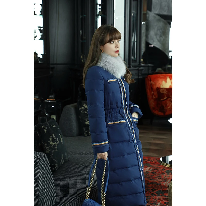 MR WATER水滴君 冬季蓝色长款收腰显瘦织带拼接狐狸毛领羽绒服女
