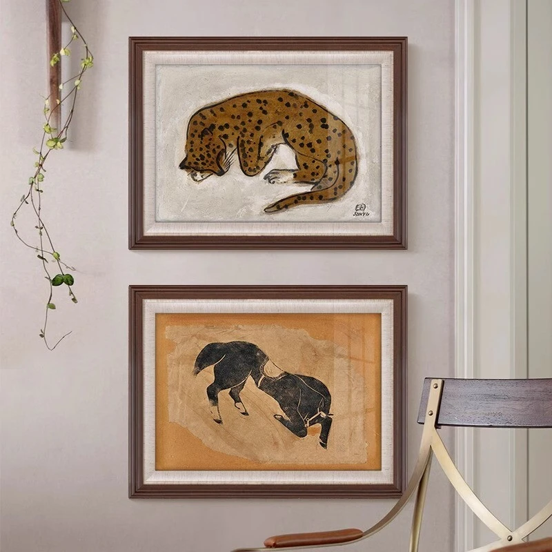 常玉金钱豹壁画餐厅酒柜法式小众动物挂画招财美式复古玄关装饰画