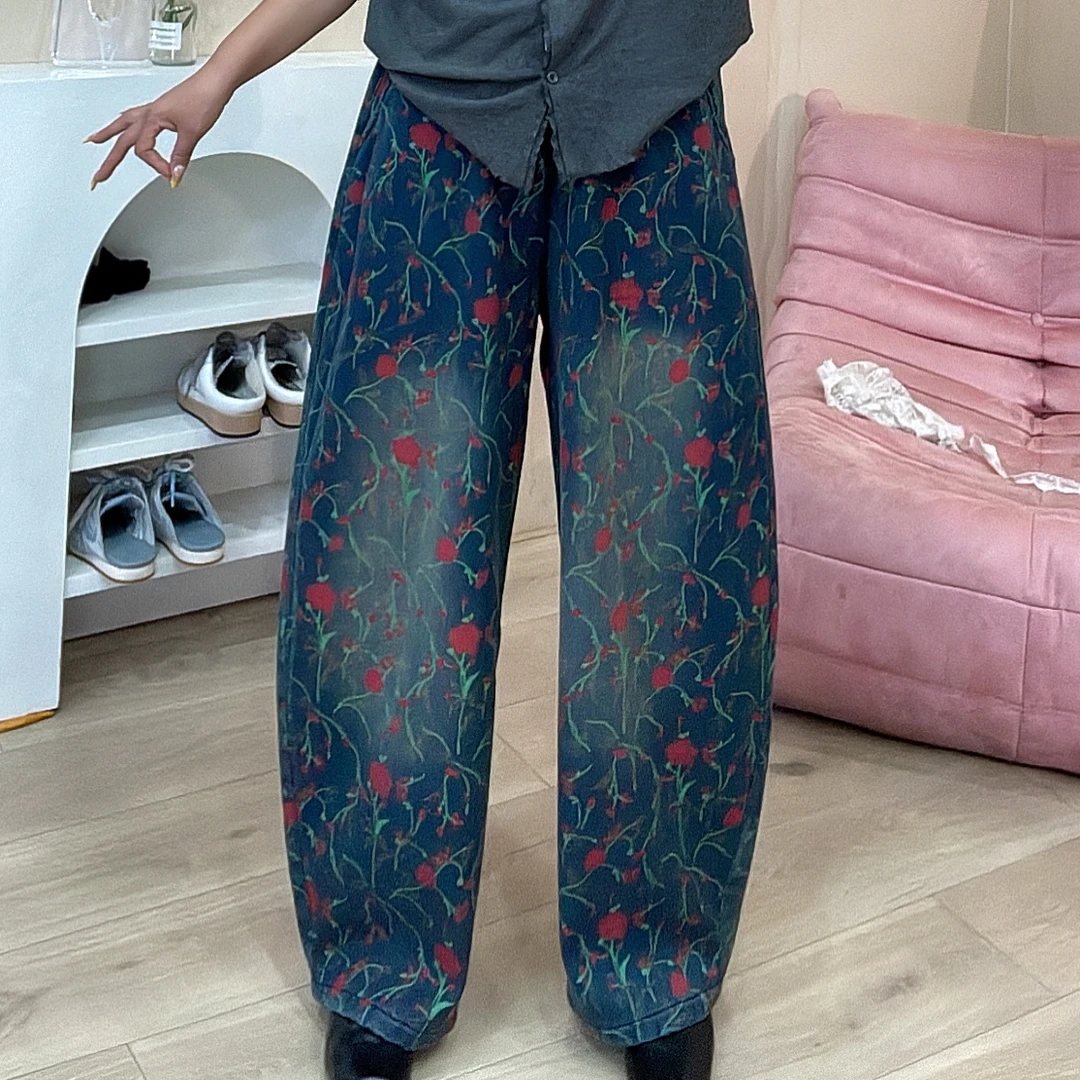 947秋冬新款加绒加厚牛仔印花大版牛仔裤女