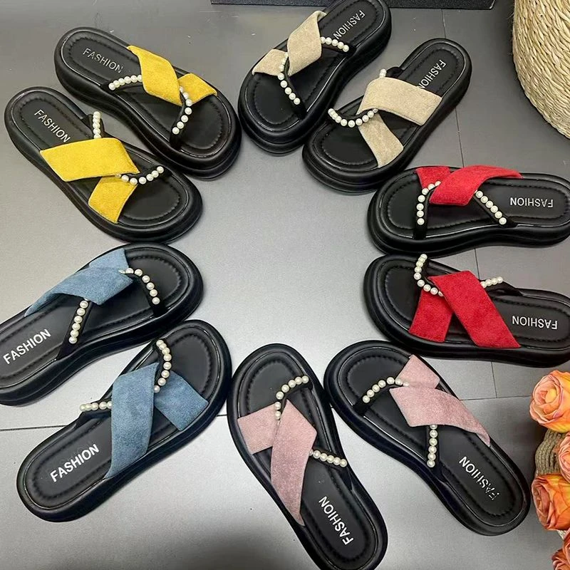 多巴胺凉拖鞋女夏外穿厚底珍珠小香风一字拖鞋65316