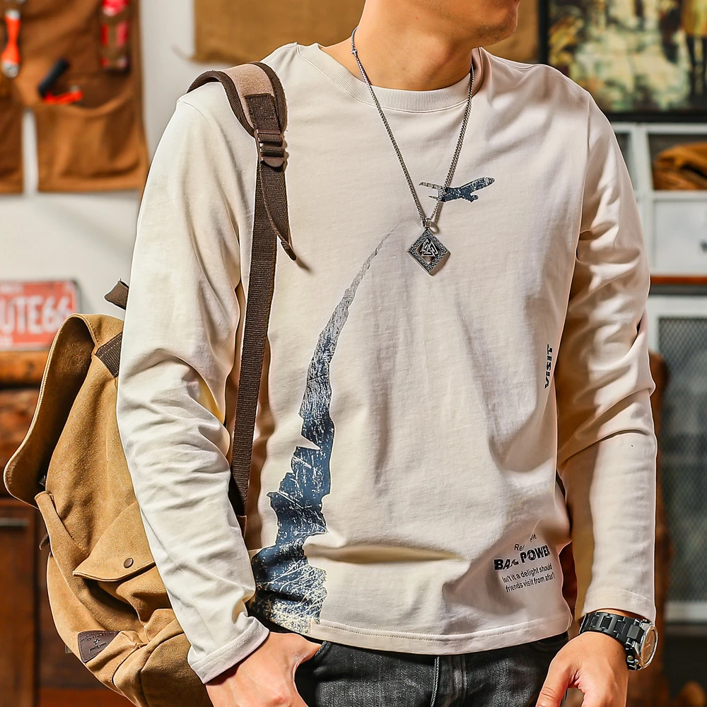 季言长袖t恤男2025新款爆款春秋纯棉印花打底衫美式上衣复古潮流